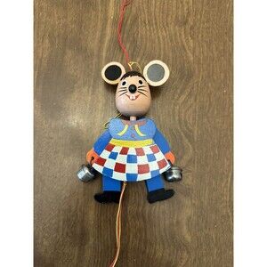 Mouse Ornament Wood PullString Jumping Jack Christmas 5" Vintage Mid Century Mod